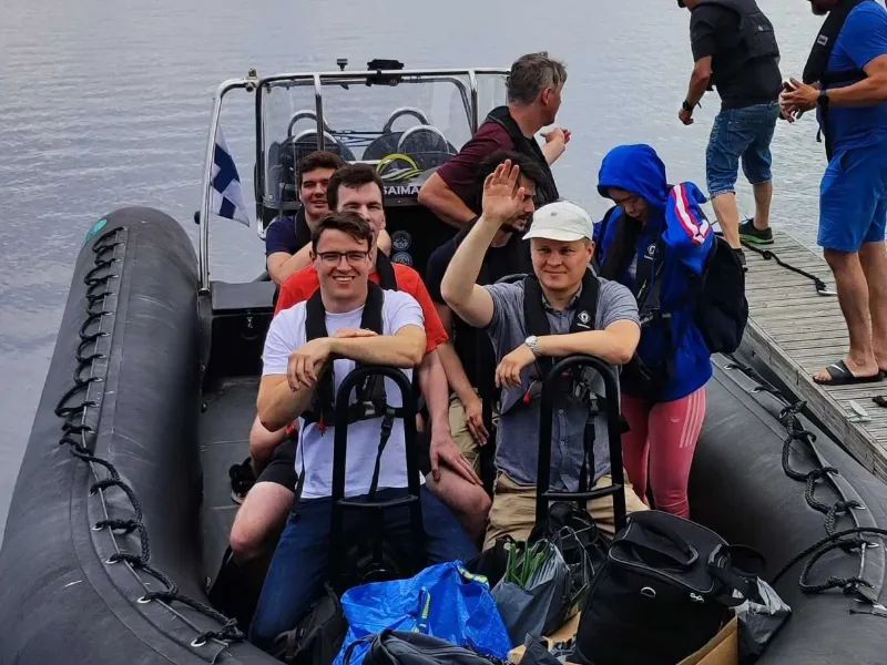 On our way to cabin in a rubber dinghy